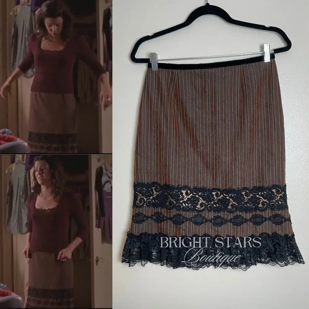 Rare Brown Stripe Lace Trim Pencil Skirt ASO Lorelai Gilmore Girls Vintage Y2K